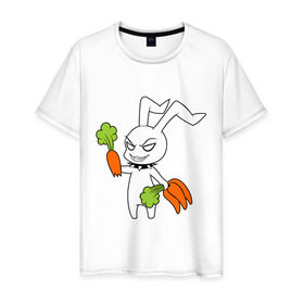 Мужская футболка хлопок с принтом Злой зайчик в Белгороде, 100% хлопок | прямой крой, круглый вырез горловины, длина до линии бедер, слегка спущенное плечо. | животные | зайка | злой зайчик | кролик | морковка | прикольные картинки