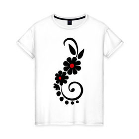 Женская футболка хлопок с принтом Цветочный орнамент в Белгороде, 100% хлопок | прямой крой, круглый вырез горловины, длина до линии бедер, слегка спущенное плечо | 