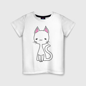 Детская футболка хлопок с принтом Белая кошечка в Белгороде, 100% хлопок | круглый вырез горловины, полуприлегающий силуэт, длина до линии бедер | белая кошечка | женские | котик | кошки | милая кошка | светящиеся рисунки