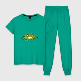 Женская пижама хлопок с принтом Жаба в Белгороде, 100% хлопок | брюки и футболка прямого кроя, без карманов, на брюках мягкая резинка на поясе и по низу штанин | жаба | лягушка | няшка | позитив и смайлы | прикольные картинки