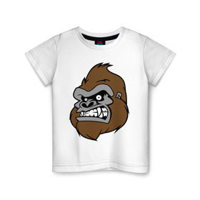 Детская футболка хлопок с принтом Злая горилла в Белгороде, 100% хлопок | круглый вырез горловины, полуприлегающий силуэт, длина до линии бедер | Тематика изображения на принте: голова животного | горилла | злая горилла | зубы | обезьяна | прикольные картинки | рисунки