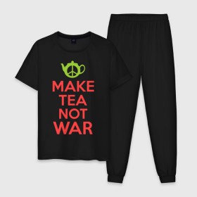 Мужская пижама хлопок с принтом Make tea not war в Белгороде, 100% хлопок | брюки и футболка прямого кроя, без карманов, на брюках мягкая резинка на поясе и по низу штанин
 | Тематика изображения на принте: keep calm | make tea not war | прикольные надписи | чай
