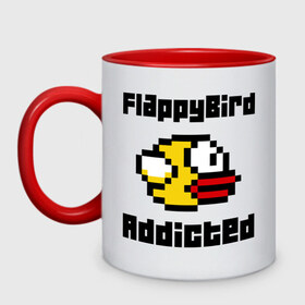 Кружка двухцветная с принтом FlappyBird addicted в Белгороде, керамика | объем — 330 мл, диаметр — 80 мм. Цветная ручка и кайма сверху, в некоторых цветах — вся внутренняя часть | flappy bird | fun | tap | игры | птичка