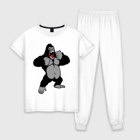 Женская пижама хлопок с принтом Злая горилла в Белгороде, 100% хлопок | брюки и футболка прямого кроя, без карманов, на брюках мягкая резинка на поясе и по низу штанин | горилла | животные | злая горилла | обезьяна