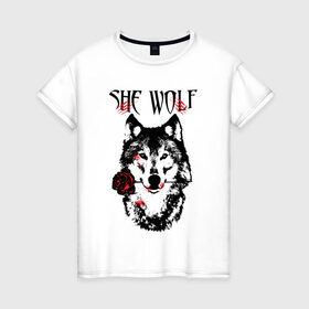 Женская футболка хлопок с принтом Модный дизайн - Настоящая Волчица в Белгороде, 100% хлопок | прямой крой, круглый вырез горловины, длина до линии бедер, слегка спущенное плечо | волк | волки | модный дизайн | настоящая волчица | прикольные картинки | роза | серый | цветы