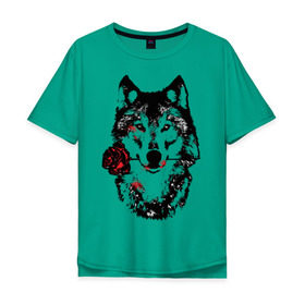 Мужская футболка хлопок Oversize с принтом Модный дизайн - Волк и Роза в Белгороде, 100% хлопок | свободный крой, круглый ворот, “спинка” длиннее передней части | Тематика изображения на принте: волки | модный дизайн   волк и роза | прикольные картинки | роза | цветы