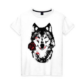 Женская футболка хлопок с принтом Модный дизайн - Волк и Роза в Белгороде, 100% хлопок | прямой крой, круглый вырез горловины, длина до линии бедер, слегка спущенное плечо | волки | модный дизайн   волк и роза | прикольные картинки | роза | цветы