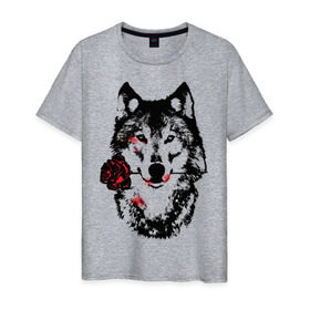 Мужская футболка хлопок с принтом Модный дизайн - Волк и Роза в Белгороде, 100% хлопок | прямой крой, круглый вырез горловины, длина до линии бедер, слегка спущенное плечо. | волки | модный дизайн   волк и роза | прикольные картинки | роза | цветы