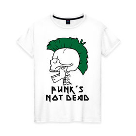 Женская футболка хлопок с принтом Punk’s Not Dead (Панки не умирают) в Белгороде, 100% хлопок | прямой крой, круглый вырез горловины, длина до линии бедер, слегка спущенное плечо | punk’s not dead | rok | ирокез | кости | музыка | панки | панки не умирают | рок | череп