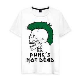 Мужская футболка хлопок с принтом Punk’s Not Dead (Панки не умирают) в Белгороде, 100% хлопок | прямой крой, круглый вырез горловины, длина до линии бедер, слегка спущенное плечо. | punk’s not dead | rok | ирокез | кости | музыка | панки | панки не умирают | рок | череп