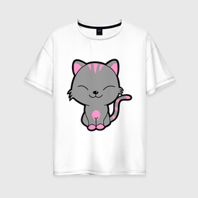 Женская футболка хлопок Oversize с принтом Довольный кот в Белгороде, 100% хлопок | свободный крой, круглый ворот, спущенный рукав, длина до линии бедер
 | довольный кот | киска | кот | котёнок | котик | коты и кошки | коты мемы | кошки | мурка | серый кот