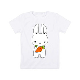 Детская футболка хлопок с принтом Зайчик с морковкой в Белгороде, 100% хлопок | круглый вырез горловины, полуприлегающий силуэт, длина до линии бедер | Тематика изображения на принте: белый кролик | животные | зайчик | зайчик с морковкой | морковь