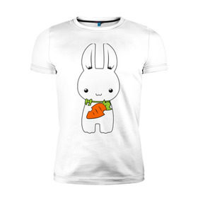 Мужская футболка премиум с принтом Зайчик с морковкой в Белгороде, 92% хлопок, 8% лайкра | приталенный силуэт, круглый вырез ворота, длина до линии бедра, короткий рукав | белый кролик | животные | зайчик | зайчик с морковкой | морковь