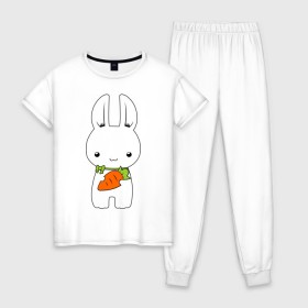 Женская пижама хлопок с принтом Зайчик с морковкой в Белгороде, 100% хлопок | брюки и футболка прямого кроя, без карманов, на брюках мягкая резинка на поясе и по низу штанин | белый кролик | животные | зайчик | зайчик с морковкой | морковь