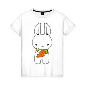 Женская футболка хлопок с принтом Зайчик с морковкой в Белгороде, 100% хлопок | прямой крой, круглый вырез горловины, длина до линии бедер, слегка спущенное плечо | белый кролик | животные | зайчик | зайчик с морковкой | морковь