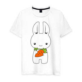 Мужская футболка хлопок с принтом Зайчик с морковкой в Белгороде, 100% хлопок | прямой крой, круглый вырез горловины, длина до линии бедер, слегка спущенное плечо. | Тематика изображения на принте: белый кролик | животные | зайчик | зайчик с морковкой | морковь