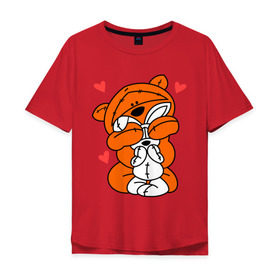 Мужская футболка хлопок Oversize с принтом Мишка с зайкой в Белгороде, 100% хлопок | свободный крой, круглый ворот, “спинка” длиннее передней части | зайкой | заяц | кролик | любовь | медведь | мишка