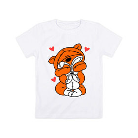 Детская футболка хлопок с принтом Мишка с зайкой в Белгороде, 100% хлопок | круглый вырез горловины, полуприлегающий силуэт, длина до линии бедер | Тематика изображения на принте: зайкой | заяц | кролик | любовь | медведь | мишка