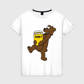 Женская футболка хлопок с принтом Медведь с медом в Белгороде, 100% хлопок | прямой крой, круглый вырез горловины, длина до линии бедер, слегка спущенное плечо | животные | медведь с медом медведь мед | сладкое