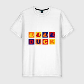 Мужская футболка премиум с принтом Duck в Белгороде, 92% хлопок, 8% лайкра | приталенный силуэт, круглый вырез ворота, длина до линии бедра, короткий рукав | Тематика изображения на принте: duck | дети | животные | утки | утята