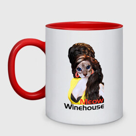 Кружка двухцветная с принтом Meow Winehouse в Белгороде, керамика | объем — 330 мл, диаметр — 80 мм. Цветная ручка и кайма сверху, в некоторых цветах — вся внутренняя часть | Тематика изображения на принте: 