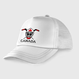 Детская кепка тракер с принтом Canada (Канадский хоккей) в Белгороде, Козырек - 100% хлопок. Кепка - 100% полиэстер, Задняя часть - сетка | универсальный размер, пластиковая застёжка | canada | канадский | клюшка | спорт | хоккей | шайба