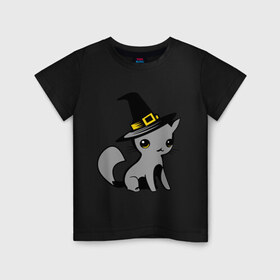 Детская футболка хлопок с принтом Кошка в шляпе в Белгороде, 100% хлопок | круглый вырез горловины, полуприлегающий силуэт, длина до линии бедер | ведьма | киска | кошка в шляпе | кошки | мурка | прикольные картинки