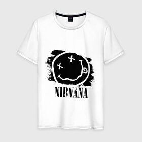 Мужская футболка хлопок с принтом Смайл NIRVANA в Белгороде, 100% хлопок | прямой крой, круглый вырез горловины, длина до линии бедер, слегка спущенное плечо. | kurt cobain | nirvana | rock | курт кобейн | нирвана | подарок | рожа | рожица | рок | смайл | смайлик | улыбка