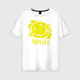Женская футболка хлопок Oversize с принтом смайл NIRVANA в Белгороде, 100% хлопок | свободный крой, круглый ворот, спущенный рукав, длина до линии бедер
 | kurt cobain | nirvana | rock | курт кобейн | нирвана | рожица | рок | смайл | смайлик | улыбка