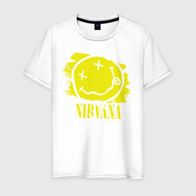 Мужская футболка хлопок с принтом смайл NIRVANA в Белгороде, 100% хлопок | прямой крой, круглый вырез горловины, длина до линии бедер, слегка спущенное плечо. | kurt cobain | nirvana | rock | курт кобейн | нирвана | рожица | рок | смайл | смайлик | улыбка