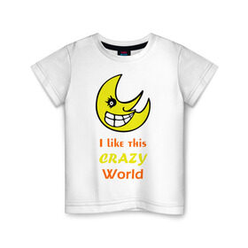 Детская футболка хлопок с принтом Crazy World в Белгороде, 100% хлопок | круглый вырез горловины, полуприлегающий силуэт, длина до линии бедер | Тематика изображения на принте: crazy world | позитив | смайлы | сумасшедший 
мир