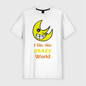 Мужская футболка премиум с принтом Crazy World в Белгороде, 92% хлопок, 8% лайкра | приталенный силуэт, круглый вырез ворота, длина до линии бедра, короткий рукав | crazy world | позитив | смайлы | сумасшедший 
мир