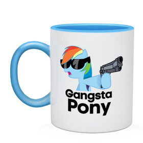 Кружка двухцветная с принтом Gangsta pony в Белгороде, керамика | объем — 330 мл, диаметр — 80 мм. Цветная ручка и кайма сверху, в некоторых цветах — вся внутренняя часть | gangsta pony | my little pony | pony | брони | ганста пони | оружие | очки | пистолет | пони