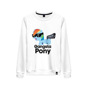 Женский свитшот хлопок с принтом Gangsta pony в Белгороде, 100% хлопок | прямой крой, круглый вырез, на манжетах и по низу широкая трикотажная резинка  | gangsta pony | my little pony | pony | брони | ганста пони | оружие | очки | пистолет | пони