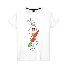 Женская футболка хлопок с принтом Зайка с морковкой в Белгороде, 100% хлопок | прямой крой, круглый вырез горловины, длина до линии бедер, слегка спущенное плечо | Тематика изображения на принте: животны | зайка с морковкой | займа | заяц | милый | морковка