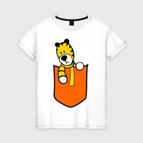 Женская футболка хлопок с принтом Тигра в кармане в Белгороде, 100% хлопок | прямой крой, круглый вырез горловины, длина до линии бедер, слегка спущенное плечо | животные | карман | полоски | тигр | тигра в кармане | шарф
