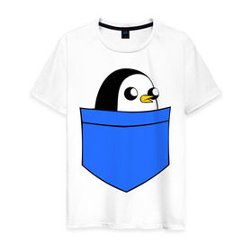 Мужская футболка хлопок с принтом Пингвин в кармане в Белгороде, 100% хлопок | прямой крой, круглый вырез горловины, длина до линии бедер, слегка спущенное плечо. | пингвин