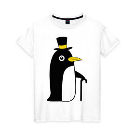 Женская футболка хлопок с принтом Пингвин в шляпе в Белгороде, 100% хлопок | прямой крой, круглый вырез горловины, длина до линии бедер, слегка спущенное плечо | животные | лед | пингвин в шляпе | трость.снег | шляпа
