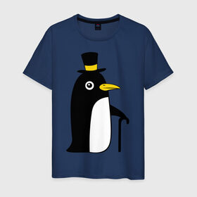 Мужская футболка хлопок с принтом Пингвин в шляпе в Белгороде, 100% хлопок | прямой крой, круглый вырез горловины, длина до линии бедер, слегка спущенное плечо. | животные | лед | пингвин в шляпе | трость.снег | шляпа