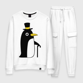 Женский костюм хлопок с принтом Пингвин в шляпе в Белгороде, 100% хлопок | на свитшоте круглая горловина, мягкая резинка по низу. Брюки заужены к низу, на них два вида карманов: два 