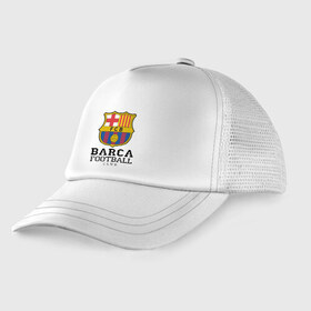 Детская кепка тракер с принтом Barcelona FC в Белгороде, Козырек - 100% хлопок. Кепка - 100% полиэстер, Задняя часть - сетка | универсальный размер, пластиковая застёжка | Тематика изображения на принте: barcelona | fc | fc barcelona | footbal club | барселона | лого | логотип | спорт | футбол | футбольный клуб