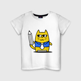 Детская футболка хлопок с принтом Деловой котик в Белгороде, 100% хлопок | круглый вырез горловины, полуприлегающий силуэт, длина до линии бедер | Тематика изображения на принте: бизнесмен | карандаш | кот