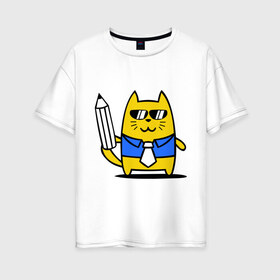 Женская футболка хлопок Oversize с принтом Деловой котик в Белгороде, 100% хлопок | свободный крой, круглый ворот, спущенный рукав, длина до линии бедер
 | бизнесмен | карандаш | кот