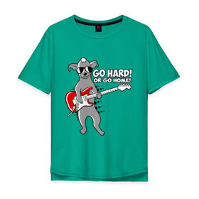 Мужская футболка хлопок Oversize с принтом Собака с гитарой (Go hard or go home) в Белгороде, 100% хлопок | свободный крой, круглый ворот, “спинка” длиннее передней части | гитара