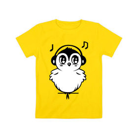 Детская футболка хлопок с принтом Птичка в наушниках в Белгороде, 100% хлопок | круглый вырез горловины, полуприлегающий силуэт, длина до линии бедер | воробей | мелодия | меломан | музыка | наушники | ноты | птица | птичка