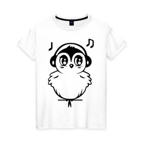 Женская футболка хлопок с принтом Птичка в наушниках в Белгороде, 100% хлопок | прямой крой, круглый вырез горловины, длина до линии бедер, слегка спущенное плечо | воробей | мелодия | меломан | музыка | наушники | ноты | птица | птичка