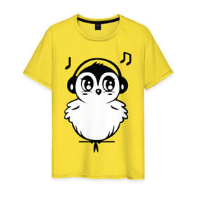 Мужская футболка хлопок с принтом Птичка в наушниках в Белгороде, 100% хлопок | прямой крой, круглый вырез горловины, длина до линии бедер, слегка спущенное плечо. | воробей | мелодия | меломан | музыка | наушники | ноты | птица | птичка