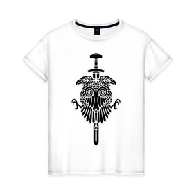 Женская футболка хлопок с принтом Вороны в Белгороде, 100% хлопок | прямой крой, круглый вырез горловины, длина до линии бедер, слегка спущенное плечо | ворон | герб | две | двое | кинжал | клинок | меч | пара | тату