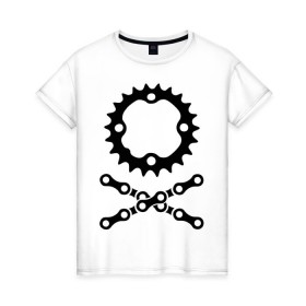 Женская футболка хлопок с принтом Велосипедная цепь и звездочка в Белгороде, 100% хлопок | прямой крой, круглый вырез горловины, длина до линии бедер, слегка спущенное плечо | пират