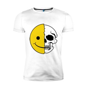 Мужская футболка премиум с принтом Смайлик-черепок в Белгороде, 92% хлопок, 8% лайкра | приталенный силуэт, круглый вырез ворота, длина до линии бедра, короткий рукав | скелет